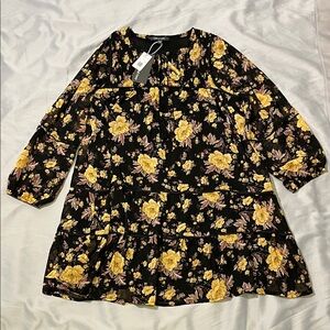 Laurel Grey Floral Long Sleeve Dress - Black Brown and Yellow Size Large NWT